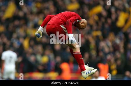 Watford goalkeeper Heurelho Gomes celebrates at full time  Stock Photo