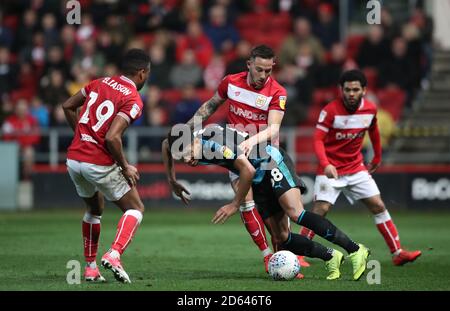 West Bromwich Albion's Mason Holgate is tackled by Bristol City's Josh Brownhill  Stock Photo