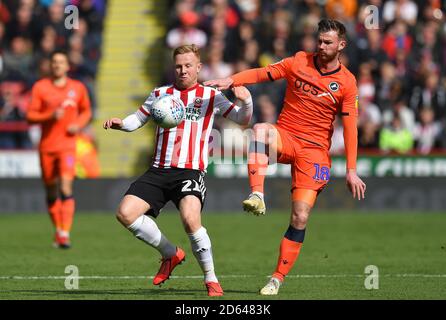 Sheffield United's Mark Duffy battles with Millwall's Ryan Tunnicliffe Stock Photo