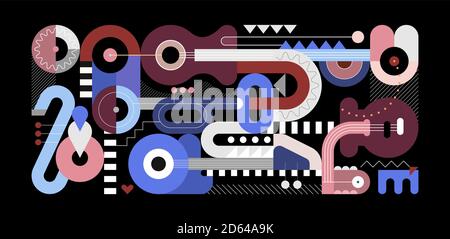 Geometric style vector illustration, colored flat design of different musical instruments isolated on a black background. Abstract art composition of Stock Vector