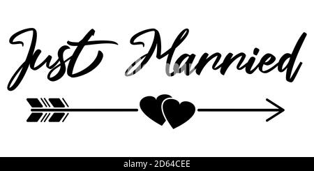 Just Married text with arrow and hearts. Black sign isolated vector illustration. Stock Vector