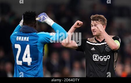 Ajax goalkeeper Andre Onana (left) celebrates with Matthijs de Ligt (right) after the final whistle  Stock Photo