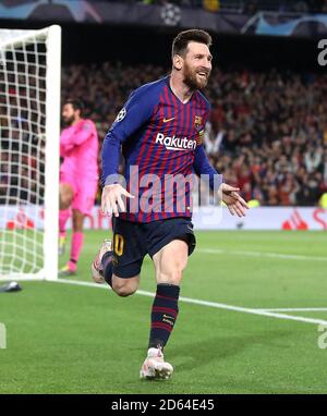 Lionel Messi celebrates scoring the goal during the match between FC
