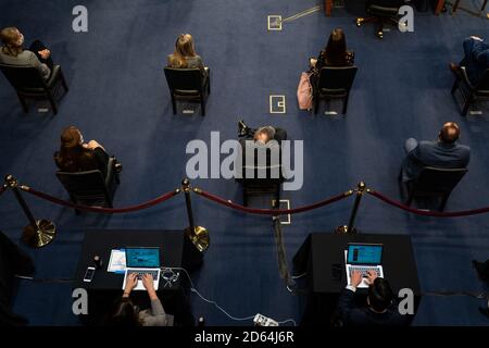 Washington, United States. 14th Oct, 2020. Social distancing seating during the Senate Judiciary Committee confirmation hearing on the nomination of Amy Coney Barrett for Associate Justice of the Supreme Court, on Capitol Hill in Washington, DC on Wednesday, October 14, 2020. Pool photo by Demetrius Freeman/UPI Credit: UPI/Alamy Live News Stock Photo