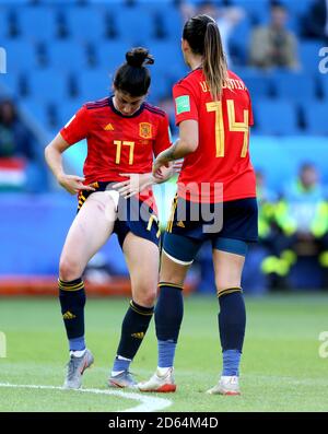 Spain's Lucia Garcia looks at her injury after South Africa's Nothando Vilakazi (not in frame) fouled her Stock Photo