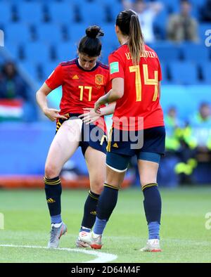 Spain's Lucia Garcia looks at her injury after South Africa's Nothando Vilakazi (not in frame) fouled her Stock Photo