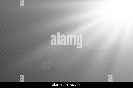 White light effect on transparent backdrop. Realistic sunlight with glowing rays. Sunshine or sunrise mockup. Bright white beams. Vector illustration Stock Vector