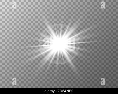 Glowing light effect. Silver star burst on transparent backdrop. White explosion with bright rays. Festive decoration with magic shining. Vector Stock Vector