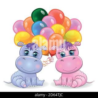 Two Cute cartoon hippo with beautiful eyes with balloons, a boy and a girl. greeting card, baby shower invitation Stock Vector