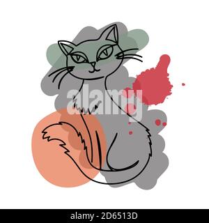 Cat in a hand drawn linear style with colorful abstract stains. Isolated on white. Stock Vector