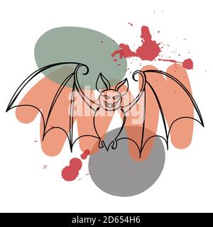 Bat in a hand drawn linear style with colorful abstract stains. Isolated on white. Stock Vector