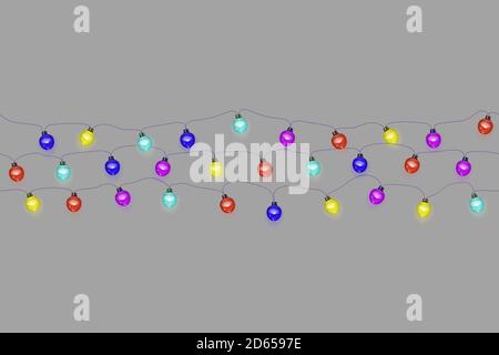 Seamless pattern of Christmas colorful lights garlands, festive decorations. Decorative Xmas realistic objects isolated on grey background. Holiday de Stock Vector