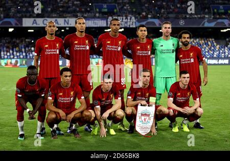 Liverpool's Fabinho (back left to right), Virgil van Dijk, Joel Matip, Roberto Firmino, Adrian, Mohamed Salah, Sadio Mane (front left to right), Trent Alexander-Arnold, James Milner, Jordan Henderson and Andrew Robertson pose for a photograph ahead of kick-off Stock Photo