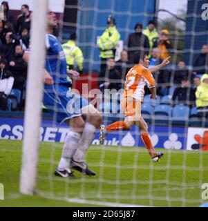 Blackpool's Wes Hoolahan celebrates after scoring the seasiders winnin goal. Stock Photo