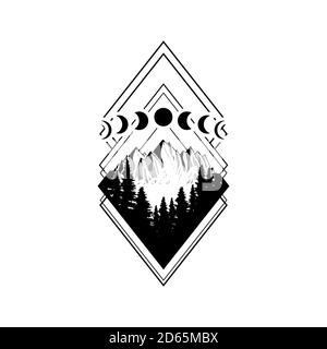 Wanderlust adventure travel rhombus icon. Diamond mountains and forest black on white. Vector illustration. . Vector illustration Stock Vector