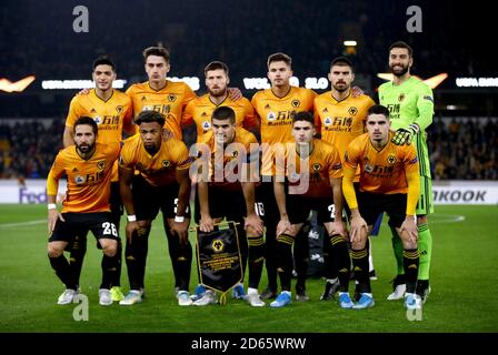 Wolverhampton Wanderers team photo. (Top row, left to right) Raul Jimenez, Max Kilman, Matt Doherty, Leander Dendoncker, Ruben Neves and Rui Patrcio (Bottom row, left to right) Joao Moutinho, Adama Traore, Conor Coady, Ruben Vinagre and Pedro Neto. Stock Photo