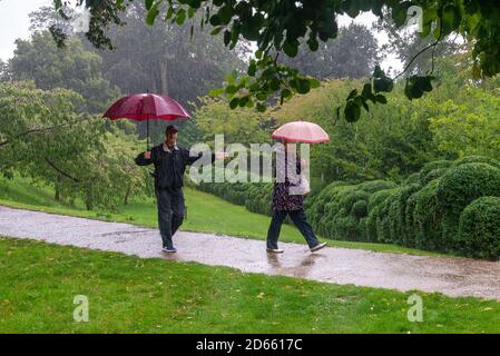 Couple in rain with umbrellas, he is dancing in the rain Stock Photo