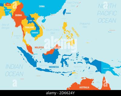 Southeast Asia map - 4 bright color scheme. High detailed political map of southeastern region with country, ocean and sea names labeling. Stock Vector