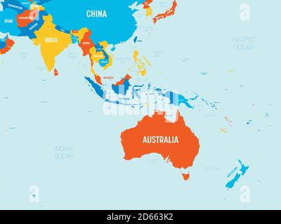 Australia and Southeast Asia map - 4 bright color scheme. High detailed political map of australian and southeastern Asia region with country, ocean and sea names labeling. Stock Vector
