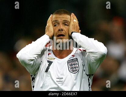 England's David Beckham stands dejected after a missed opportunity. Stock Photo