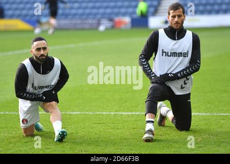 Charlton Athletic's Erhun Oztumer (left) and Tomer Hemed warm up prior to kick off Stock Photo