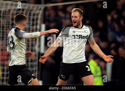 Derby County's Matt Clarke celebrates scoring their side's first goal ...