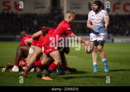 Manchester, England, 7 February 2020. Tom Whiteley, scrum half for Saracens, kicking the ball during a Gallagher Premiership Cup semi final match against Sale Sharks at the A J Bell Stadium. Stock Photo