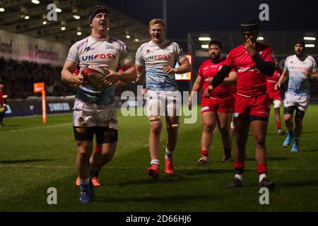 Manchester, England, 7 February 2020. Ben Curry of Sale Sharks after scoring a try during their Gallagher Premiership cup semi final match against Saracens at the A J Bell Stadium. Stock Photo