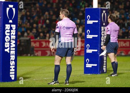 Manchester, England, 7 February 2020. Gallagher Premiership assistant referees standing at the posts for an attempt at a conversion during the cup semi final match between Sale Sharks and Saracens at the A J Bell Stadium. Stock Photo