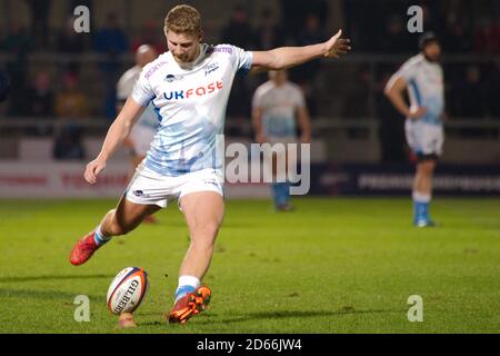 Manchester, England, 7 February 2020. Robert du Preez kicking a conversion for Sale Sharks during their Gallagher Premiership cup semi final match against Saracens at the A J Bell Stadium. Stock Photo