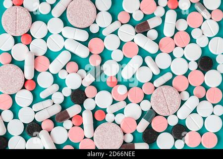 Top view of different medical pills, drugs, tablets, flat lay