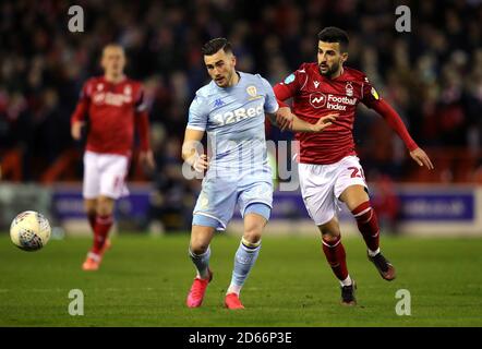 Nottingham Forest's Tiago Silva (right) and Leeds United's Jack Harrison battle for the ball Stock Photo