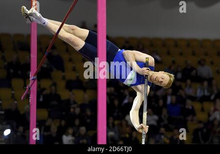 Adam Hague competes in the Pole Vault during day two of the SPAR British Athletics Indoor Championships at Emirates Arena, Glasgow. PA Photo. Picture date: Sunday February 23, 2020. See PA story ATHLETICS Glasgow. Photo credit should read: Ian Rutherford/PA Wire Stock Photo