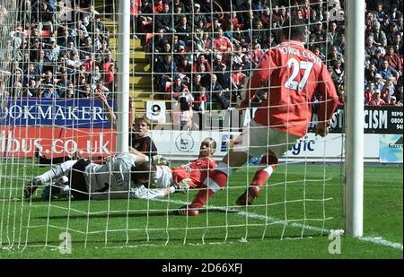 Charlton Athletic's goalkeeper Dean Kiely clears the ball from the line in the second half Stock Photo