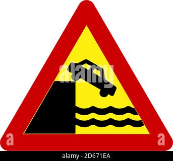 Warning sign with unprotected quayside or riverbank symbol Stock Photo