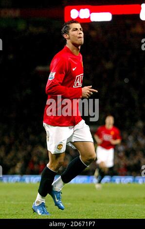 Manchester United's Cristiano Ronaldo celebrates scoring his second goal of the game. Stock Photo