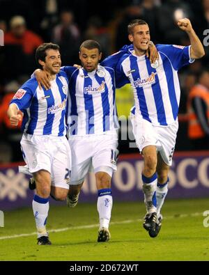 Sheffield Wednesday's Adam Bolder (l) celebrates his goal with Deon Burton and Tommy Spurr Stock Photo