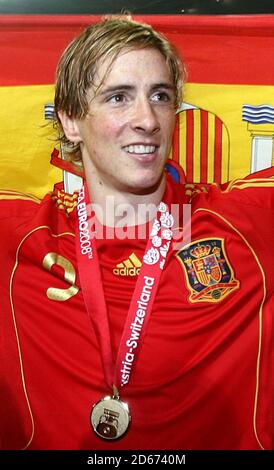 Spain's Fernando Torres celebrates after beating Germany in the Euro 2008 final Stock Photo