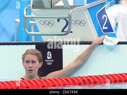 Great Britain's Jemma Lowe after completing the Women's 200m Butterfly Semi final 1 at the National Aquatics Center on Day 5 of the 2008 Olympic Games in Beijing. Stock Photo