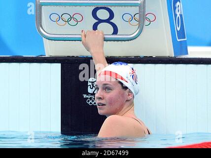 Great Britain's Ellen Gandy after finishing the Women's 200m Butterfly Semi final 2 at the National Aquatics Center on Day 5 of the 2008 Olympic Games in Beijing. Stock Photo