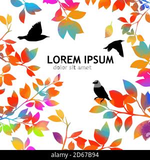 A multi-colored branch with flying birds. Mixed media. Beautiful frame for text. Nature. Vector illustration Stock Vector