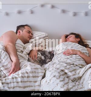 Couple sleeping on the bed with cat, real lifestyle Stock Photo