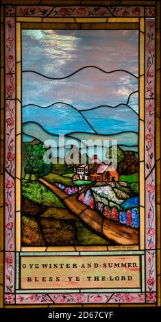 Stained glass in the Episcopal Chapel of the Transfiguration, Grand Teton National Park, Wyoming, USA Stock Photo