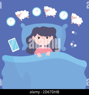 insomnia, sad girl on bed counting sheeps with clock medicine and mobile vector illustration Stock Vector