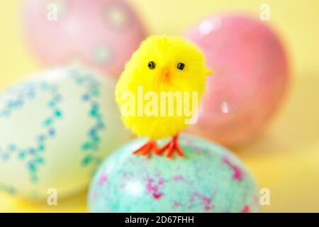 Yellow baby chick standing on Easter egg Stock Photo