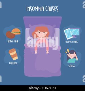 insomnia causes stress heavy meal caffeine and poor sleep habits vector illustration Stock Vector