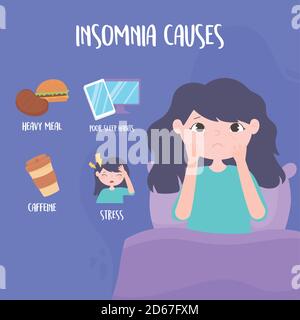 insomnia, girl with eye bags and causes disorder stress heavy meal caffeine and poor sleep habits vector illustration Stock Vector