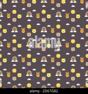 Seamless patterns. kids collection in the Scandinavian style. Cute animals - giraffe and bear, lion and tiger and rainbow with beautiful clouds on a Stock Vector