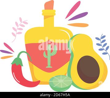 avocado and mexican tequila bottle over white background, flat style ...