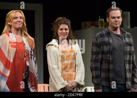 Opening Night Curtain Call for 'The Realistic Joneses' on Broadway- starring Tracy Letts, Toni Collette, Marisa Tomei, and Michael C Hall. Stock Photo